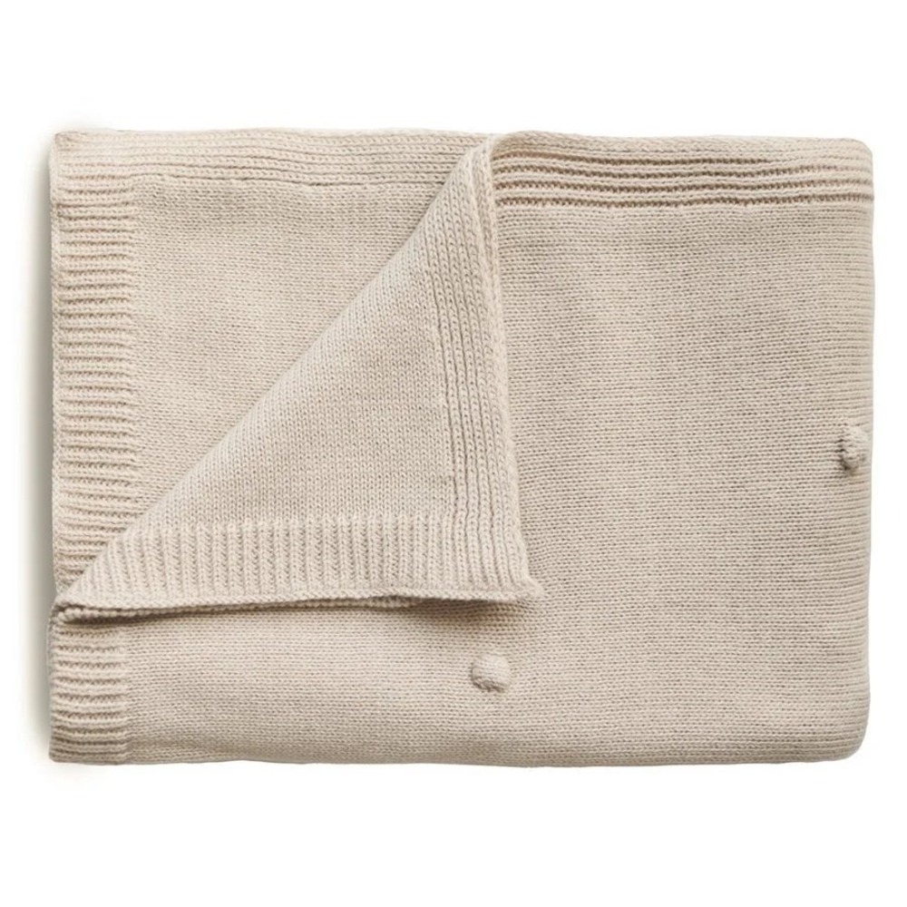 Mushie Organic Cotton Knit Baby Blanket Cream Ivory Popcorn Pom Pom Nursery